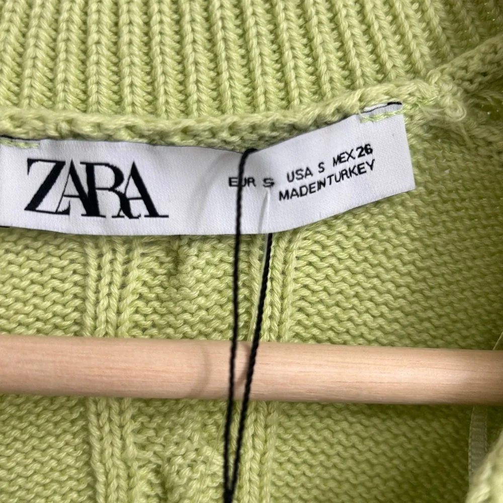 NWT Zara light lime green classic Cable knit collared sweater small pullover - Picture 5 of 9